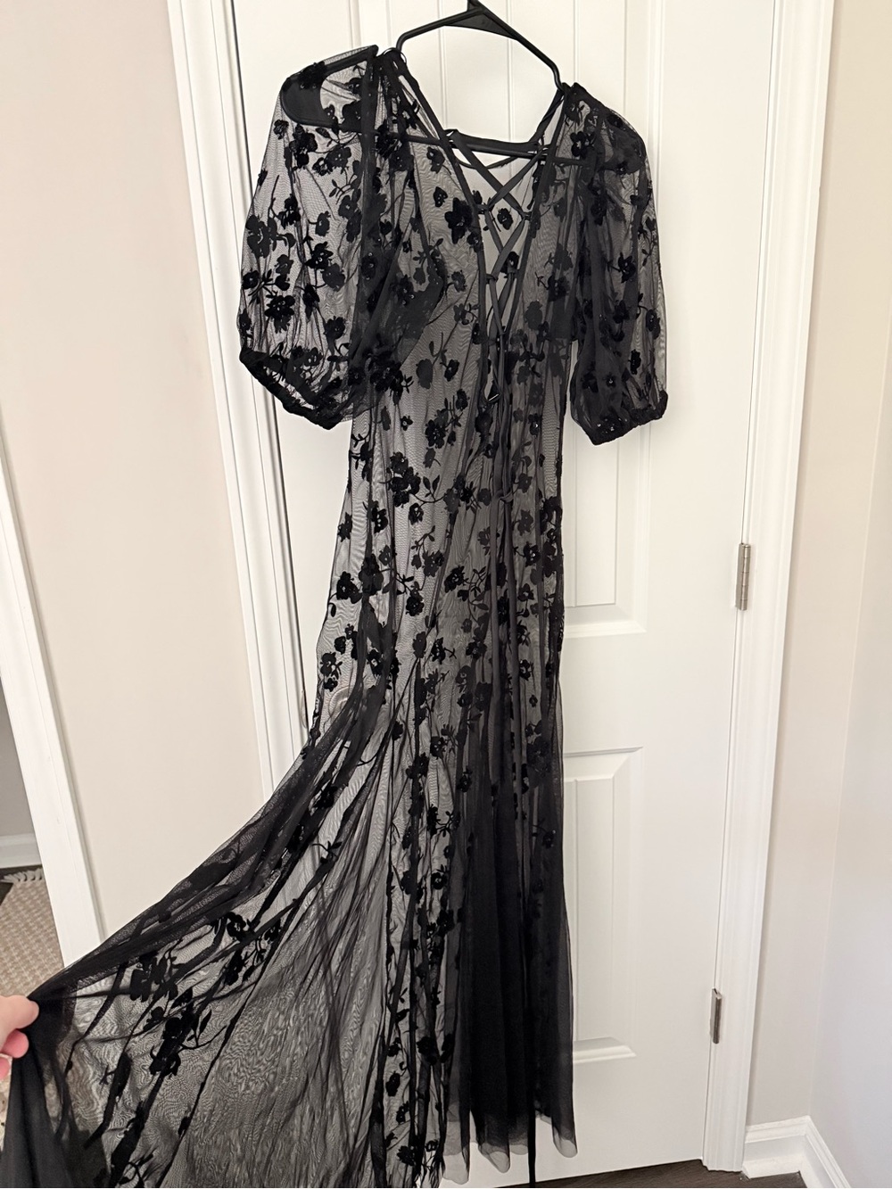 Black Sheer Floral Lace Maxi Dress with Puff Sleeves